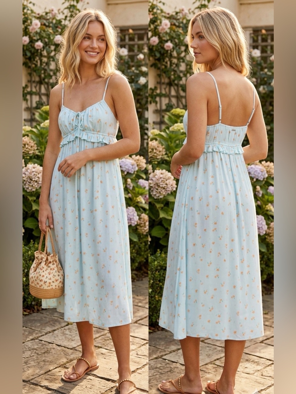 Billabong Rebel Heart Blue Floral Maxi Dress with Orange Flowers